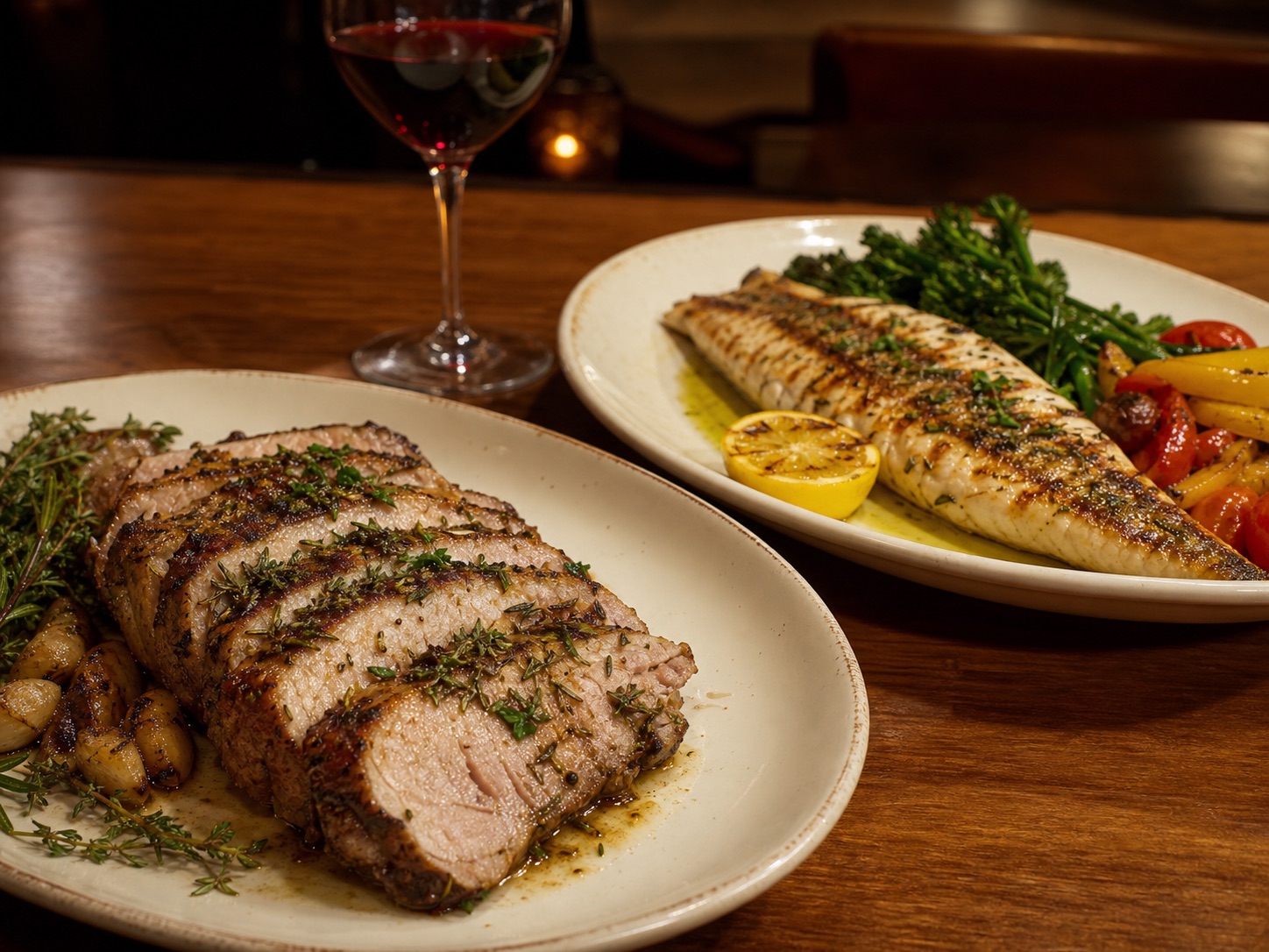 肉料理と魚料理を楽しめるボリューム満天コース
